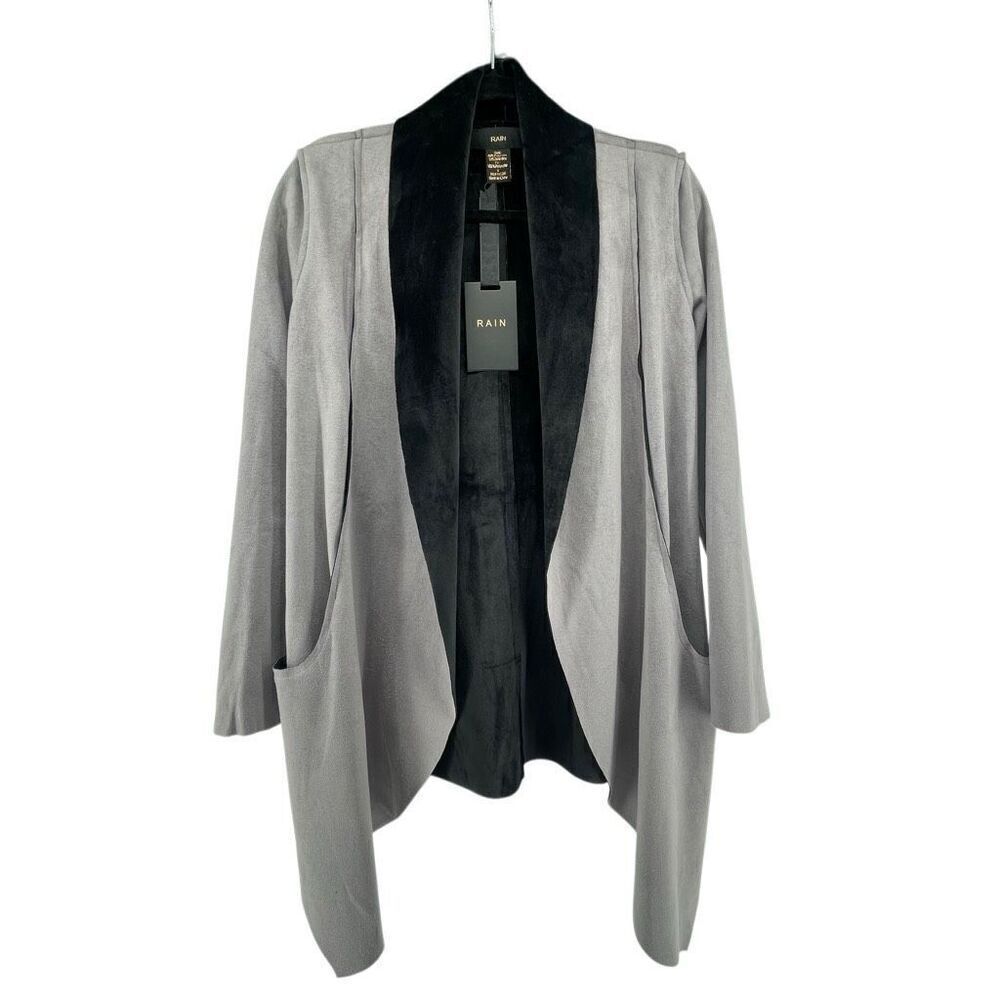 RAIN Women’s Grey Black Faux Suede Waterfall Drape Open Front Jacket Size Small